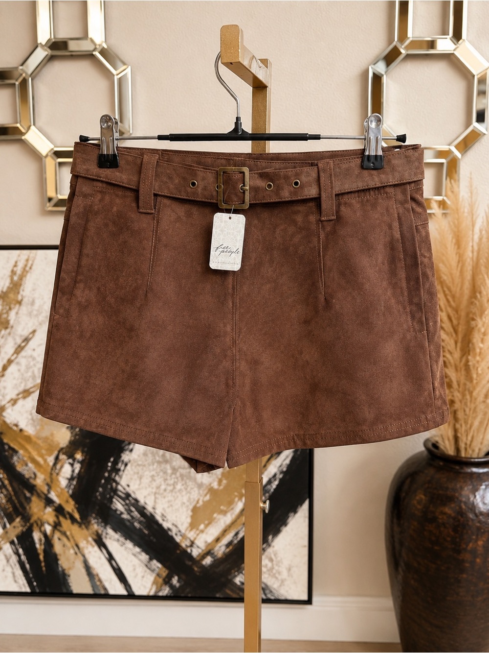 Free People Suede-Look High Waist Belted Shorts — Brown